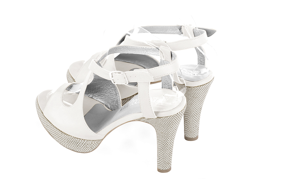 Women's pure white elegant cross straps sandals. Round toe. High slim heel with a platform at the front - Rear view